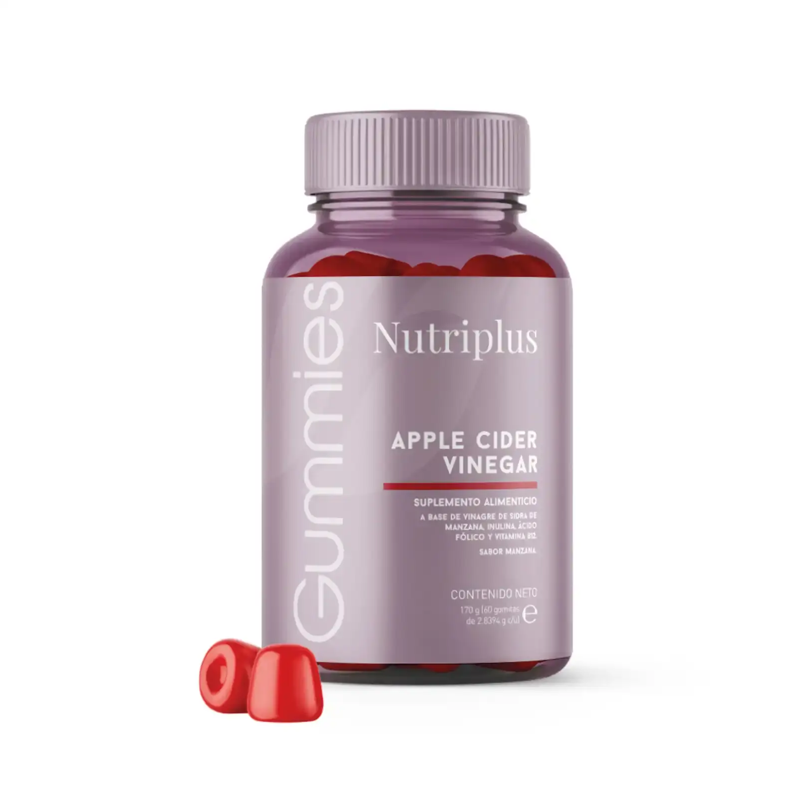 Frasco de gomitas Nutriplus Apple Cider Vinegar con dos gomitas rojas en primer plano