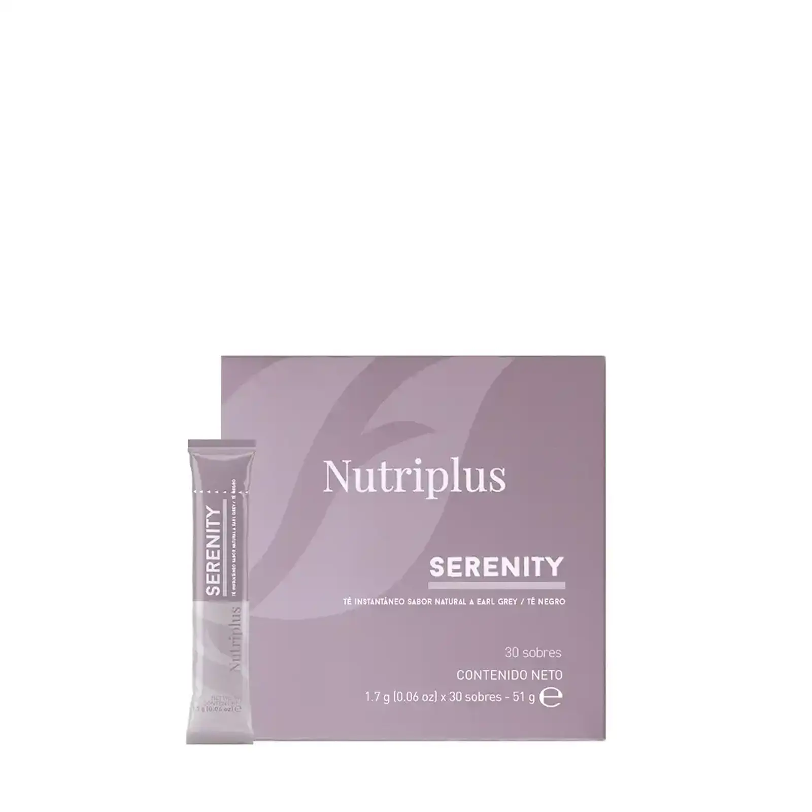 Caja y sobre individuales del té instantáneo Nutriplus Serenity sabor Earl Grey