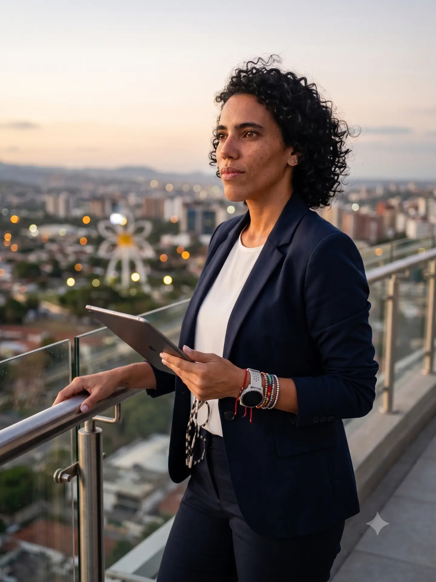 Isabel Tarín observando la ciudad al atardecer con una tablet en la mano